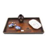 A vintage wooden tray, an export Chinese vase, 19th century ceramic dish and two cloisonne ducks.