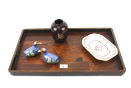 A vintage wooden tray, an export Chinese vase, 19th century ceramic dish and two cloisonne ducks.