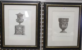 A pair of framed prints of Classical urns after F Piranesi.