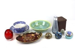 A collection of assorted vintage ceramics and glass paperweights.