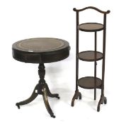 A contemporary wooden cake stand and a miniature drum table.