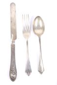 A silver christening knife, fork & spoon.