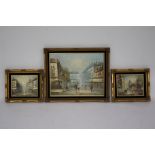 Three contemporary oil paintings, all depicting French Town scenes.