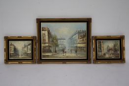 Three contemporary oil paintings, all depicting French Town scenes.