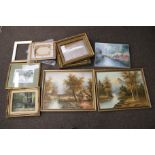 Eight 20th century and later paintings and an empty gilt frame.