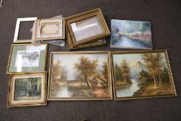 Eight 20th century and later paintings and an empty gilt frame.