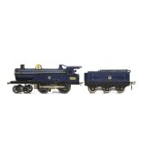 A Hornby O gauge tinplate clockwork locomotive and tender.