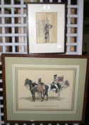 A 20th century military watercolour painting and a pen drawing.