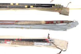 A mixed selection of fishing rods. Including a beach caster, spinning and coarse fishing rods.