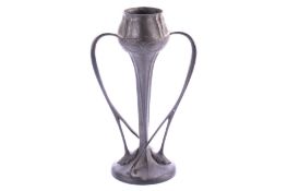 An Art Nouveau pewter two handled vase designed by Archibald Knox for Liberty No 029.