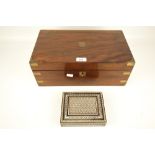 A Victorian brass bound rosewood writing slope and a Moroccan inlaid rectangular box.