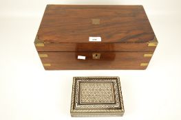 A Victorian brass bound rosewood writing slope and a Moroccan inlaid rectangular box.