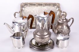 An assortment of silver plate. Including a Picquet part tea service, plates, etc.