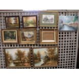 Eight 20th century and later paintings and an empty gilt frame.