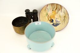 A mixed lot of collectables. Including two dishes, a brass bowl and a pair of vintage binoculars.