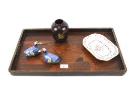 Assorted collectables and a vintage wooden tray.