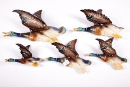 Jema Holland : A set of five graduated wall mount flying ducks, marked verso.