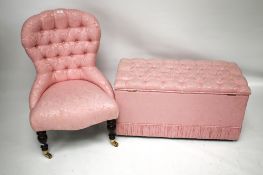 A contemporary button back nursing chair and window seat. Both upholstered in pink floral fabric.
