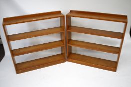 A pair of vintage oak open bookcases. With Utility logo stamped in the back #F271/4. W92cm x D19.