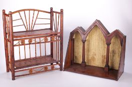 A Gothic design mahogany wall bracket and a set of bamboo hanging shelves.