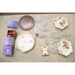 A group of assorted cut glassware and Wedgwood china.