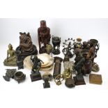 A good collection of assorted carved hardwood Asian figures and decorative metalware.