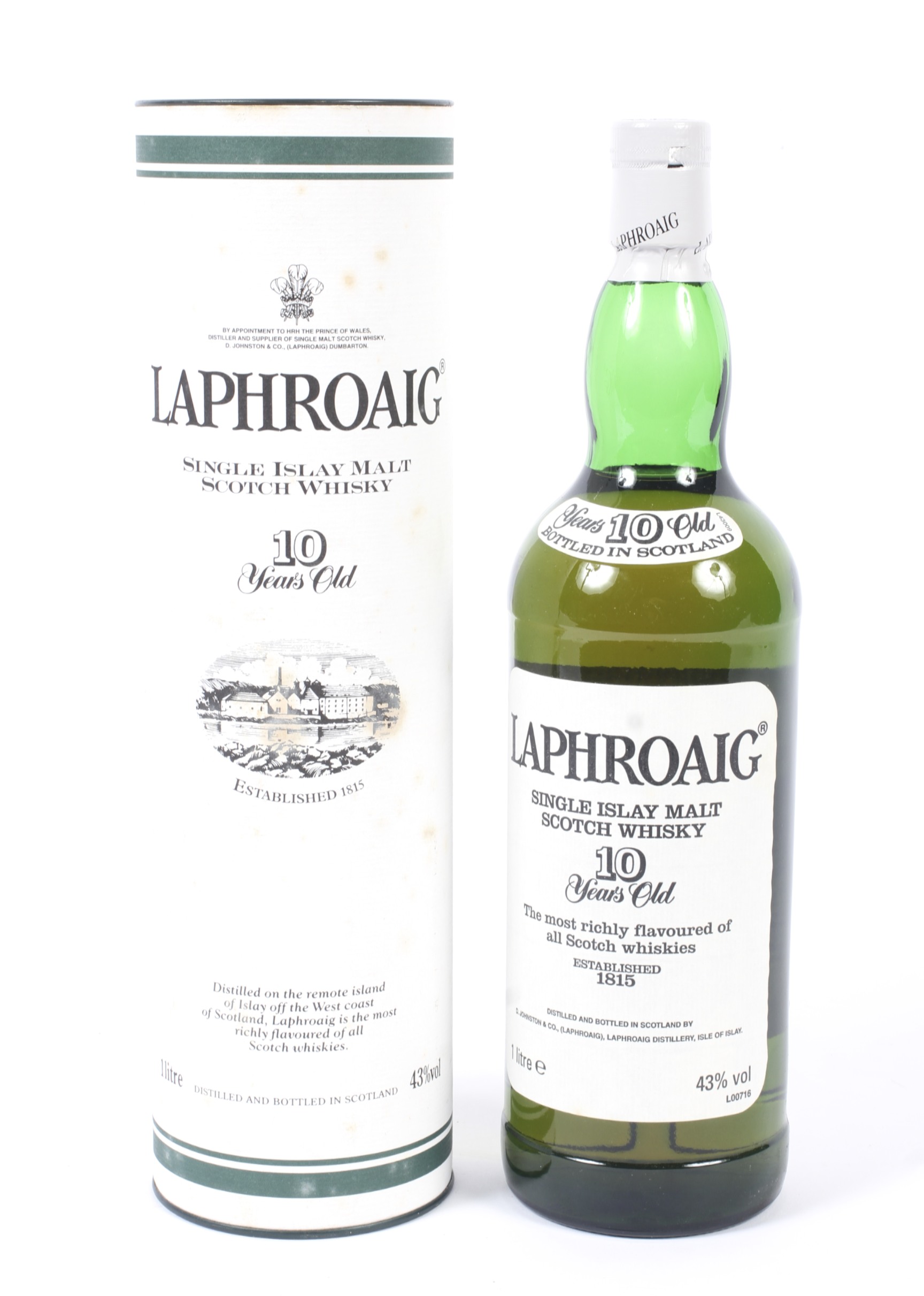 A bottle of Laphroaig 10 years old single malt Scotch whisky. Boxed, 1 litre, 43% vol.