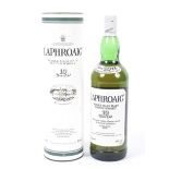 A bottle of Laphroaig 10 years old single malt Scotch whisky. Boxed, 1 litre, 43% vol.