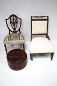 Two early 20th century chairs and a contemporary footstool.