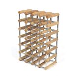 A wooden and metal wine rack. Capacity for 24 bottles, 40cm x 60cm x 23cm.