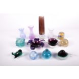 An assortment of vintage coloured studio glass. Including Cathness vase, Mdina and Octaevo, etc.