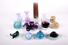 An assortment of vintage coloured studio glass. Including Cathness vase, Mdina and Octaevo, etc.