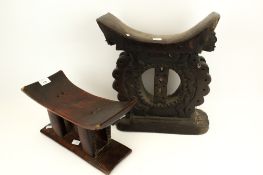 Two 20th century carved wooden tribal African stools. Including an Ashanti, etc. Max.