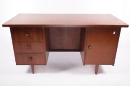 A vintage Meredew stained wood pedestal office desk.