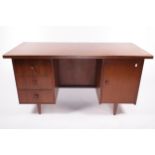 A vintage Meredew stained wood pedestal office desk.