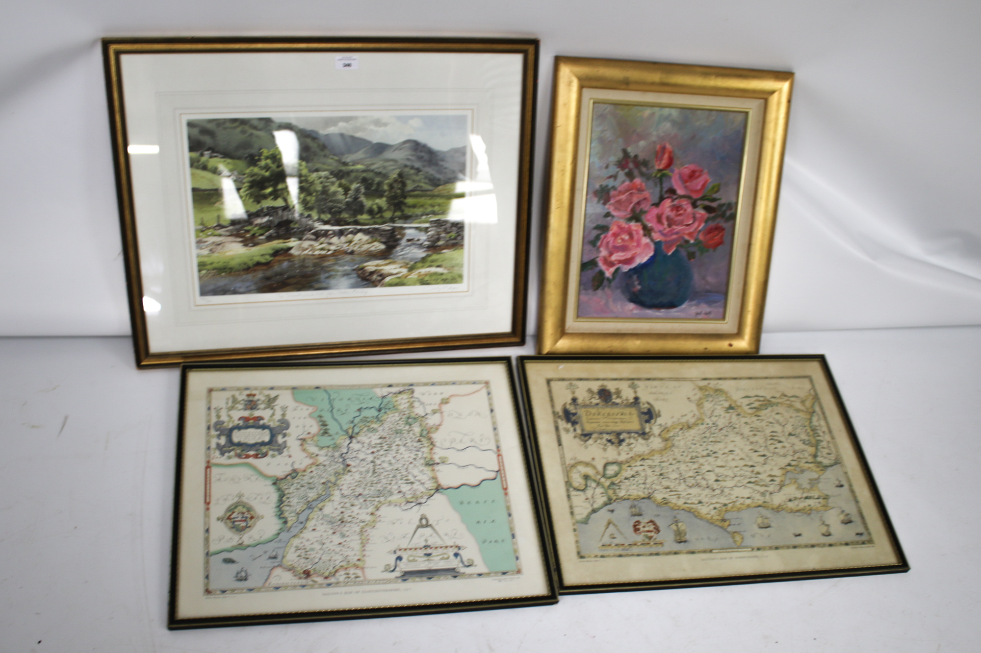 Two printed maps, an oil on board still life and a signed limited edition Judy Boyes print.