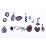 A collection of fifteen assorted silver and white metal pendants. Including amethyst, etc.