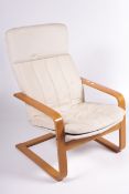 Vintage Retro : A pair of Swedish Cantelever bentwood open armchairs with cream upholstery,