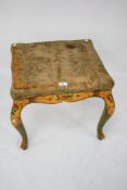 A polychrome decorated stool raised on cabriole supports. With an embroidered upholstered seat.