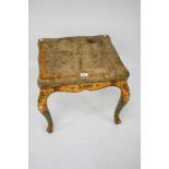 A polychrome decorated stool raised on cabriole supports. With an embroidered upholstered seat.