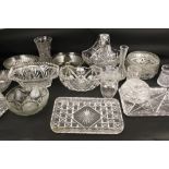 A collection of assorted cut glassware. Including trays, bowls, etc. Max.