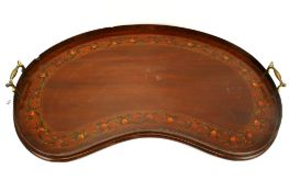 A mahogany kidney shaped two handle tray with painted details.