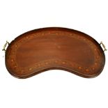 A mahogany kidney shaped two handle tray with painted details.