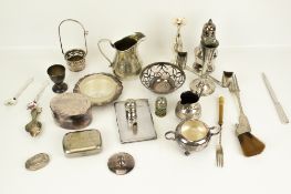 A collection of assorted silver plate items. Including cigarette case, vases and a jug, etc. Max.