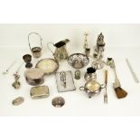 A collection of assorted silver plate items. Including cigarette case, vases and a jug, etc. Max.