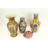 Three assorted 20th century Chinese vases and a twin handle pot. Max.