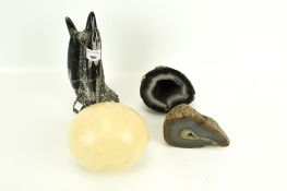Four natural curiosities. Comprising two geodes, a fossil and an ostrich egg, Max.