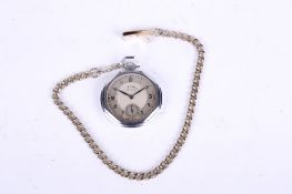 A vintage stainless steel Siro Senior pocket watch and a chain.