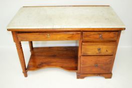 A contemporary marble top hard wood single pedestal desk workstation.