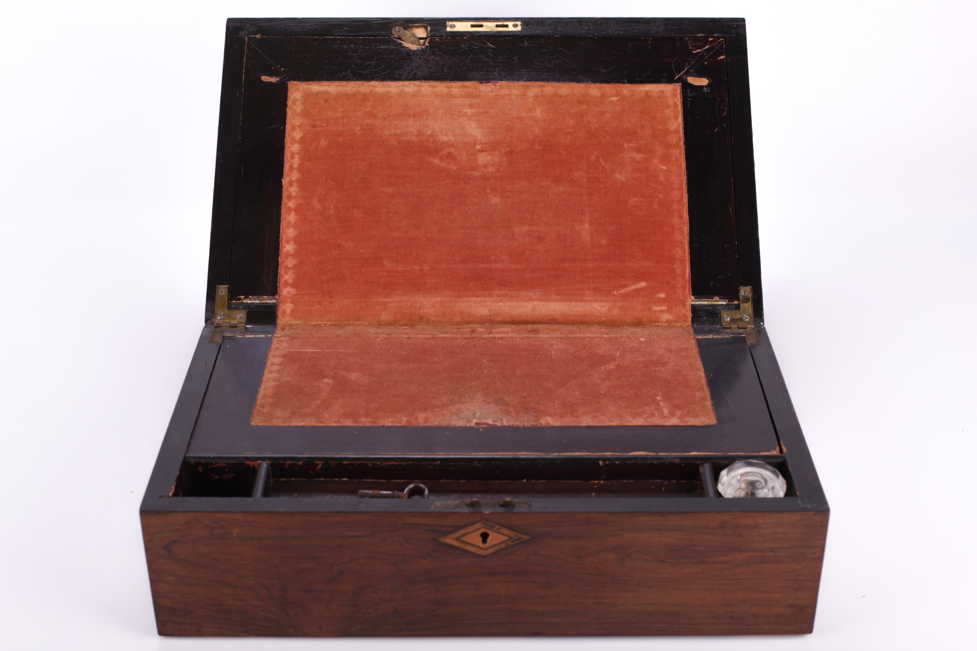 A Victorian rosewood and marquetry writing slope. With a pink velvet inset slope. - Image 2 of 2